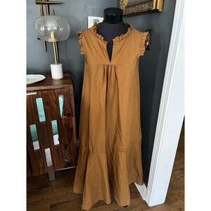 Chepe’ Italy 100% Cotton Brown Maxi Dress Ruffled Sleeve Pockets sz S Casual